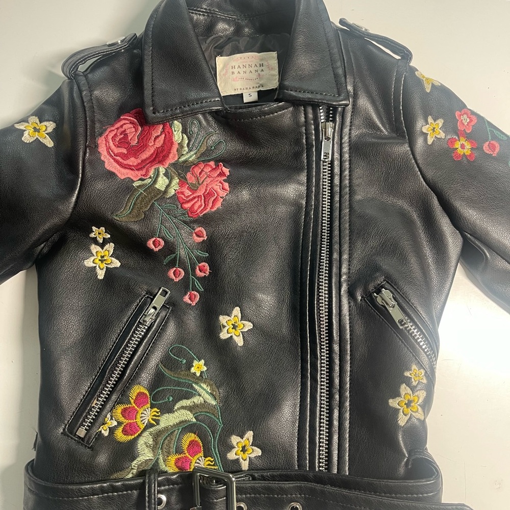 Hannah Banana Black Faux Leather embroidered Biker Jacket R $146 Girls Size 5